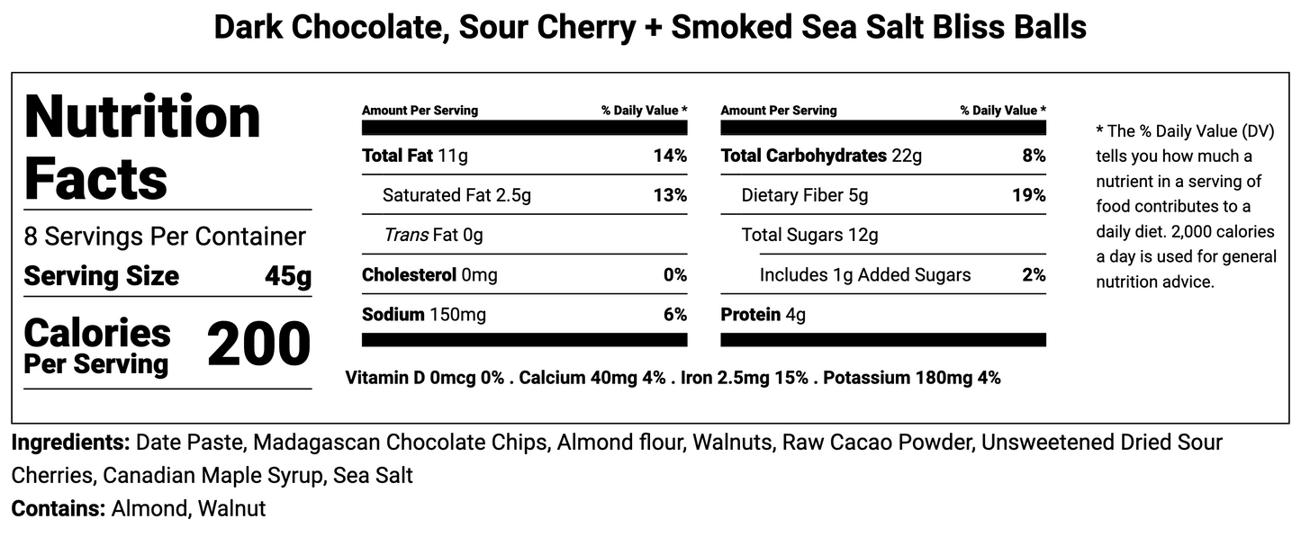 SPECIAL EDITION ODE + TWO SUNS COLLAB dark chocolate, sour cherry + smoked sea salt bliss balls
